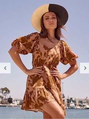 saltwater LUXE Puff Sleeve Linen Blend  Mini Dress with Brown Floral Motif Small